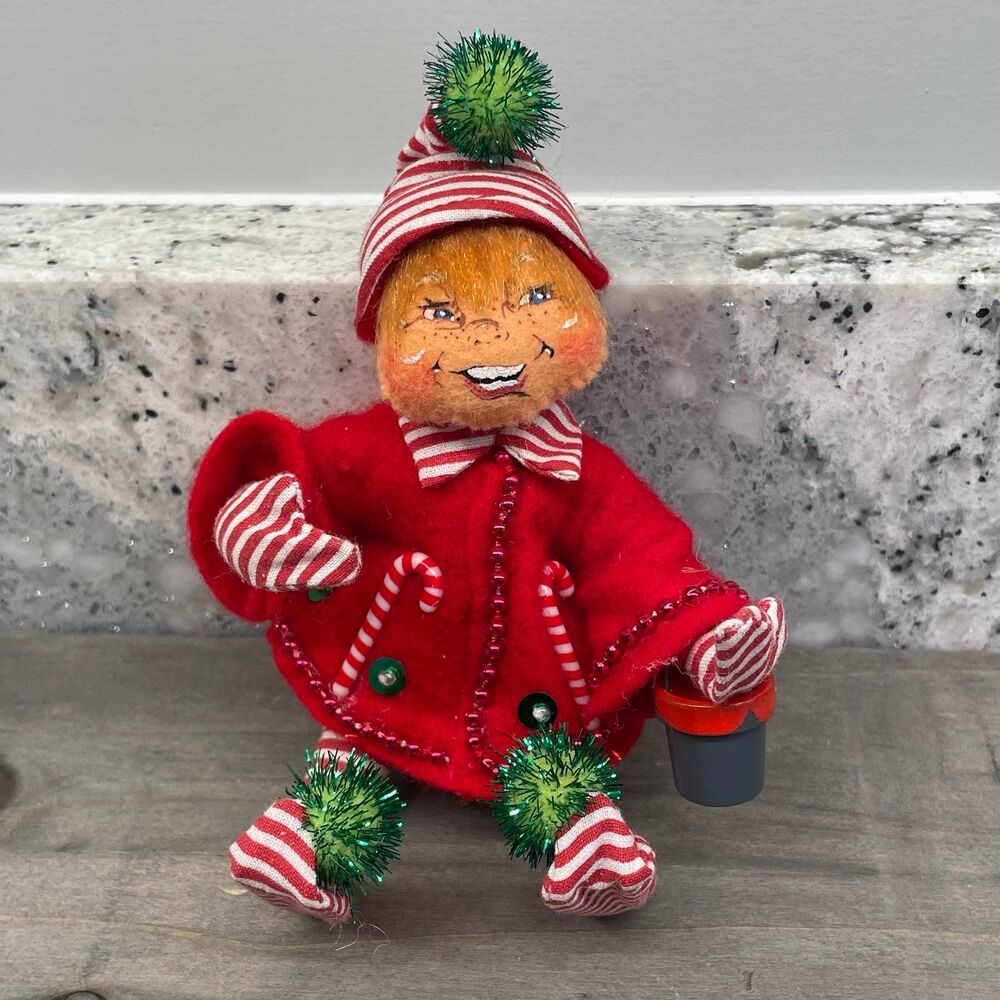 2006 Annalee Christmas Candy Cane Elf Festive Red Green Glitter Pompoms 5"